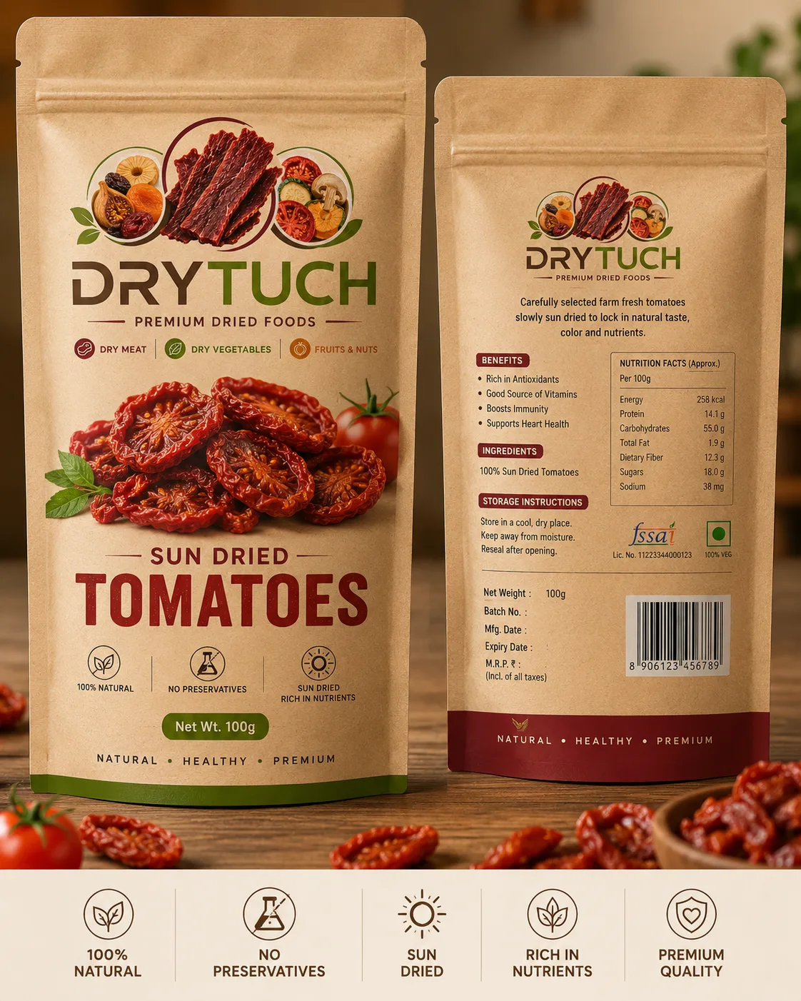 Drytuch Premium Sun-Dried Tomatoes | 100% Natural Dehydrated Tomatoes | Ready to Cook Dry Vegetables